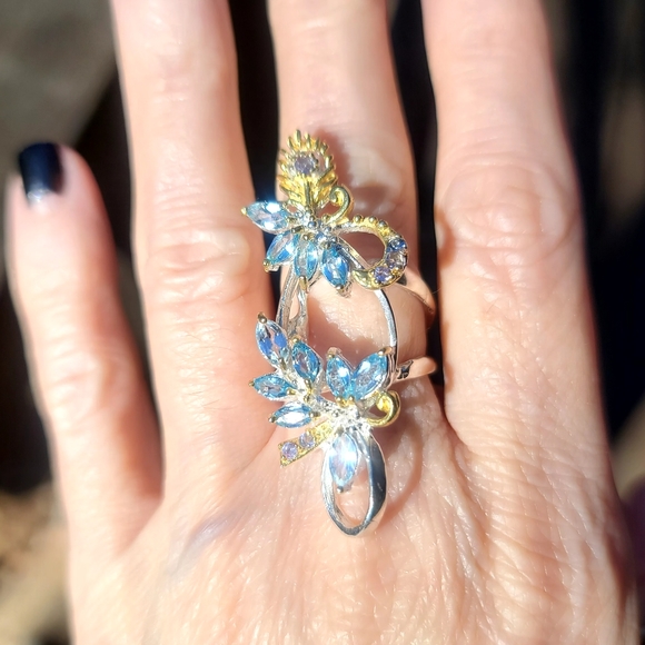 GORGEOUS Aquamarine, Amethyst & Sapphire peacock floral cocktail ring sz6.5 - Picture 3 of 7